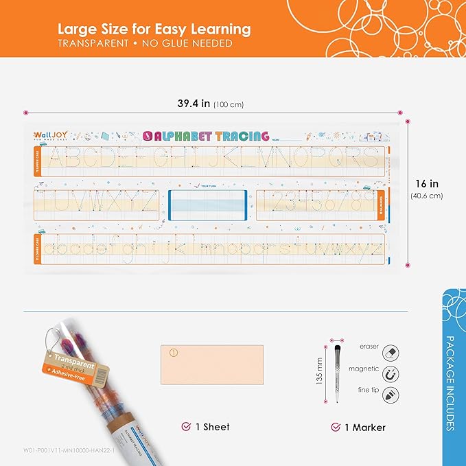 Letter Tracing Board for Kids Ages 3-5 – 39.4x16 in Large Dry Erase Alphabet Tracing Board, Clear Reusable Dry Erase Writing Practice for Kids, Sticks to Any Smooth Surface