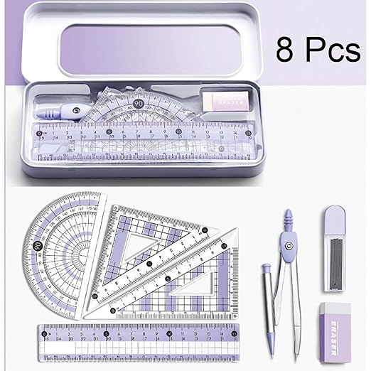 8 Pcs Purple Geometry Set Cute Compass Set with Maths Protractor Rulers, Math Set for Drawing Measuring Tools, Kawaii Ruler Kit for Class Women Girls School Supplies (Purple)