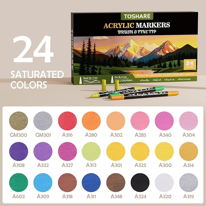 TOSHARE 24 Colors Acrylic Paint Markers, Brush & Fine Dual Tip Acrylic Paint Pens for Rock, Wood, Paper, Fabric, Canvas, Glass, Ceramic, Egg, Scrapbook and DIY Crafts Supplies Art Gifts