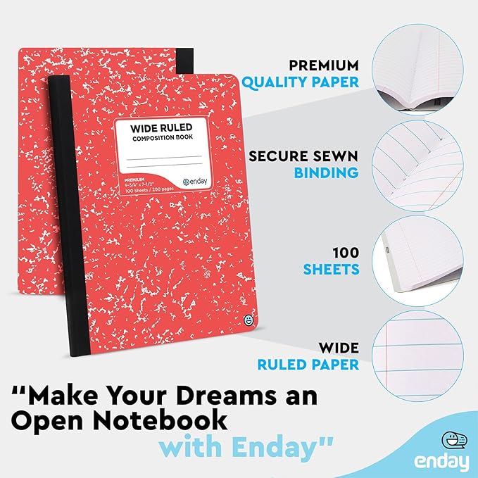 Enday Composition Notebooks Wide Ruled Paper, Colored Marble Composition Notebook Covers, 100 Sheets (200 pages) Composition Books, Marble Notebooks Wide Ruled For School, Red And Grey, 2 Pack