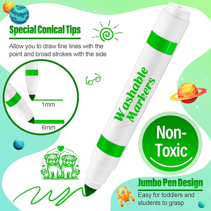 24 Pcs Washable Markers Bulk Broad Line Markers Coloring Conical Tip Large pens for Kids art projects, Teachers, Students, Toddlers, Party Favors, Classrooms, Donations(Light Green)