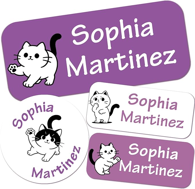 Waterproof Custom Name Stickers (135 Labels) - Personalized Daycare Labels for Clothing, Water Bottles, Lunch Boxes & School Supplies - Ideal for Camp & Daycare - No-Iron (White Cats)
