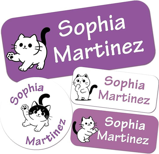 Waterproof Custom Name Stickers (135 Labels) - Personalized Daycare Labels for Clothing, Water Bottles, Lunch Boxes & School Supplies - Ideal for Camp & Daycare - No-Iron (White Cats)