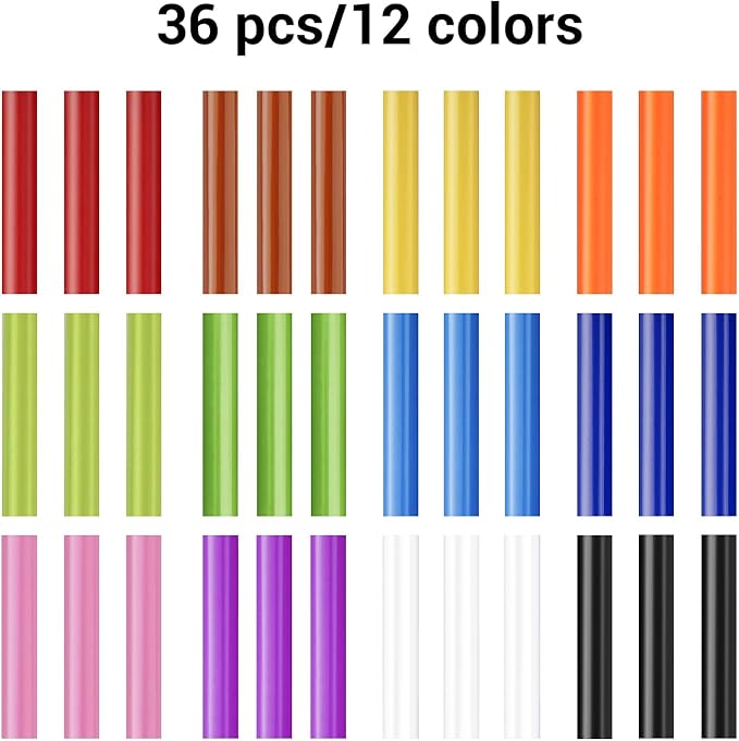 ENPOINT Colored Hot Glue Sticks Full Size, 8" Long x 0.43" Dia 36 Pack Hot Melt Glue Sticks Bulk, Color Adhesive Glue Sticks Standard for Crafting DIY Art School Gluing Project Repair Sealing