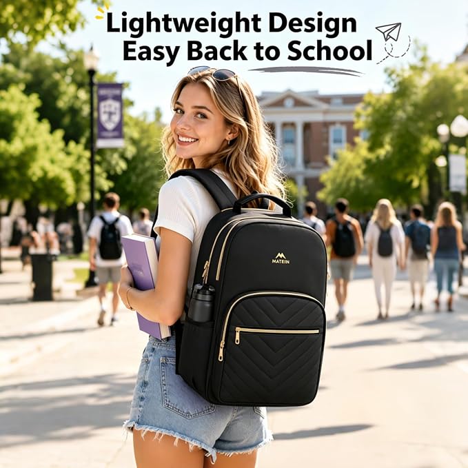 MATEIN Laptop Backpack for School, Water Resistant College Bookbag, 15.6 Inch Work Backpack for Women with Mulitiple Pockets, Stylish Computer Bag for Student, Commuter, Black