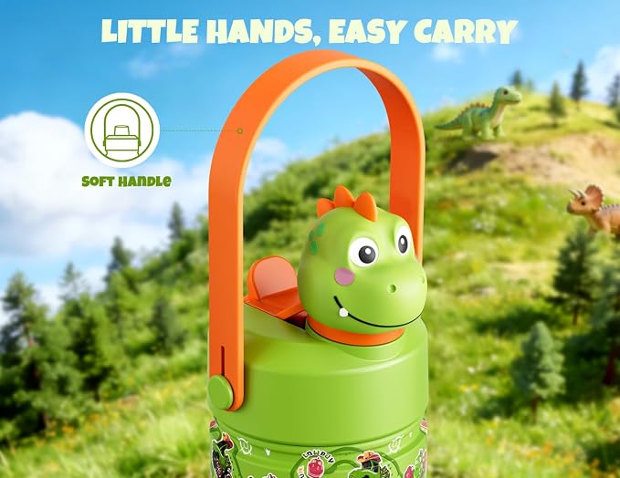 POWCAN Kids Water Bottle for School: 2-in-1 Straw Spout Lid with Soft Animal Head, Leakproof, Backpack Friendly, Keep Cold 24H, Insulated cup for Sports, Playground, Holiday Gift, Cowboy Rex 12 Ounces