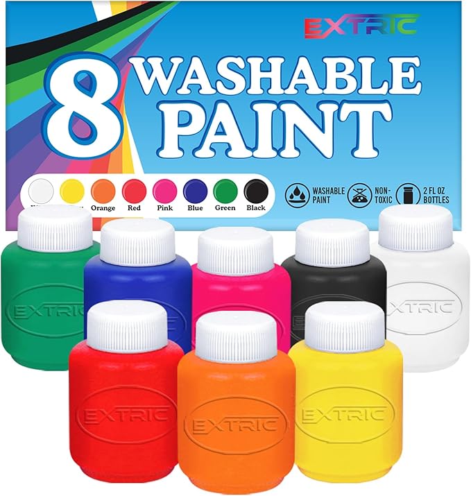 EXTRIC Washable Paint for Kids 8 Color, Non-Toxic Tempera Kid Paint 2 oz Bottles, Vibrant Pigments, Easy-Clean Toddler Paints, Kids Painting Set Arts and Crafts Supplies