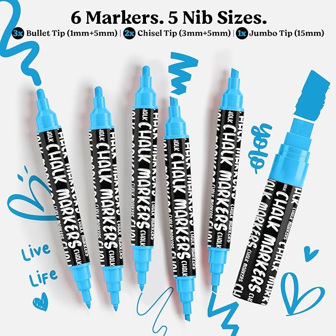 Chalkola 6 Blue Chalk Markers - Dual tip, Fine & Jumbo Tip (1mm, 3mm, 5mm, 15mm) | Erasable Liquid Chalk Pens for Blackboard, Chalkboard Signs, Car Window, Bistro, Glass | Washable Chalkboard Markers