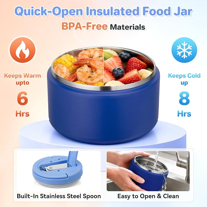 Bento Lunch Box with 8oz Soup Thermo,Kids Leakproof 4 Compartment Lunch Food Containers with Sauce Cup and Ice Pack,Kids Thermo Insulated Hot Food Jar and Lunch Bag for School,Trvael-Blue