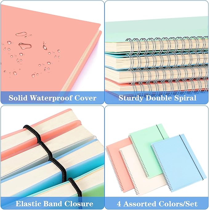 Spiral Notebook, Wide Ruled Notebook Journal, 4 Pack B5 Lined Notebooks for Work, School, Notes Taking , 8" x 10" Large Subject Notebook, 560 Thick Paper, 24pcs Index Tabs, Assorted Pastel Notebook