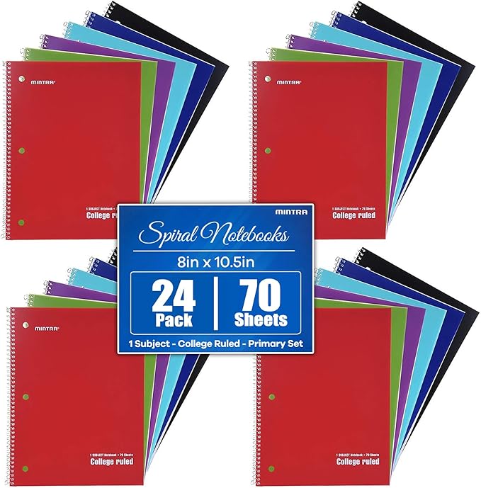 Mintra Office Spiral Notebooks, Wirebound, Journals for School, Work, Business, Aesthetic Stationery, Writing Pads, Teacher & Student Supplies (24, Solid Color, College)
