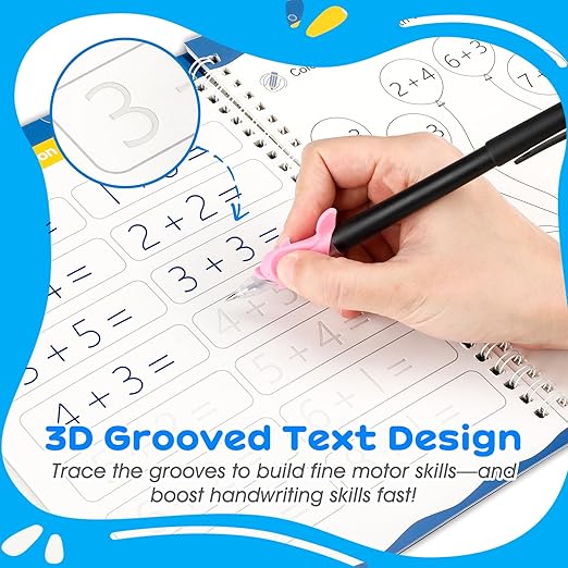 Magic Grooved Handwriting Practice Kindergarten Workbooks for Kids Ages 3-5, Reusable Busy Book, Motor Magic Happy Writer System Toddler Learning Activities Writing Books with Pencil Grips