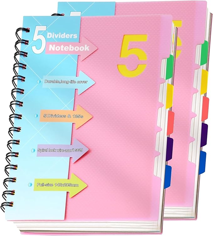 CAGIE 2 Pack 5 Subject Notebook with Dividers 220 Pages Spiral Notebooks with Tabs 6x8 A5 Spiral Bound Journal for Note Taking Work School Supplies, Pink