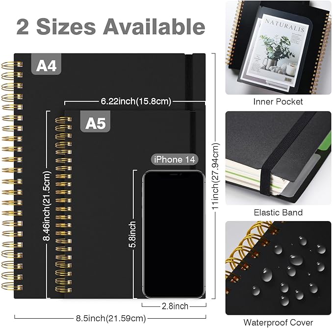 Spiral Notebook 8.5" x 11", 5 Subject Notebooks College Ruled with Removable Dividers, 300 Pages 100GSM Thick Spiral Writing Journal for Women & Men, Large A4 Lined Journal Notebooks for Work, School