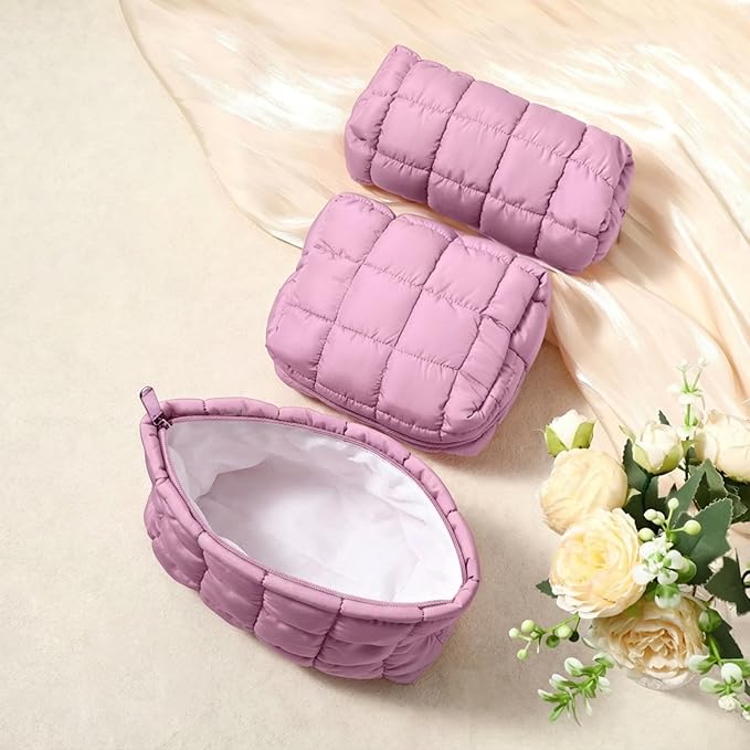 Huhumy 3 Pcs Puffy Makeup Bag Quilted Cosmetic Pouch for Women Cute Checkered Travel Toiletry Bag Puffer Makeup Organizer Purse Pouch Preppy Pencil Case with Zipper(Nude Pink)