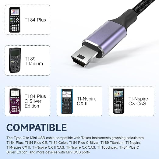 TI 84 Cable Compatible with Texas Instruments TI-84 Plus, TI-84 Plus CE, TI-84 Plus C Silver Edition, TI-89 Titanium, TI-Nspire CX II, TI-Nspire CX II CAS, TI Nspire CX CAS Graphing Calculator, 3.3ft