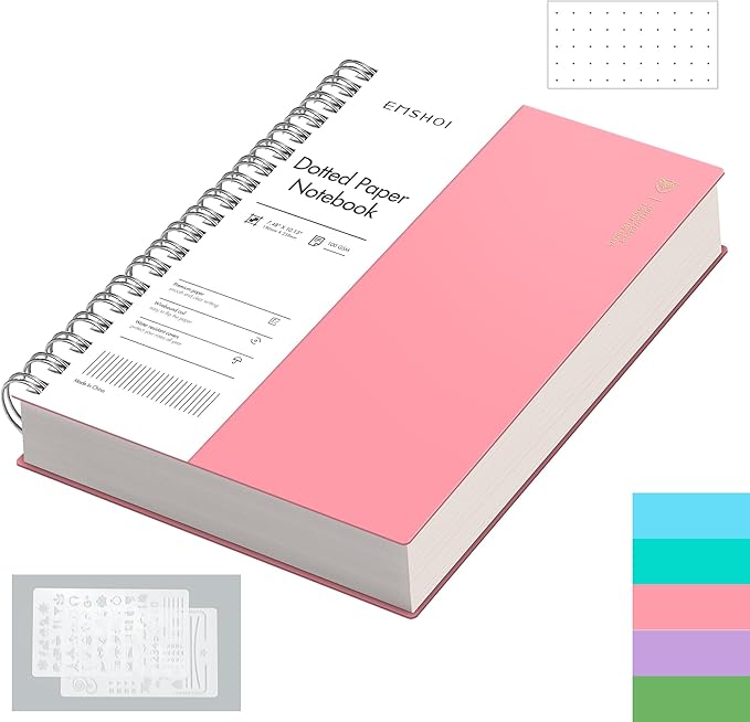 EMSHOI Dotted Journal Spiral Notebook, 300 Pages, B5 Large 7.48"x10.15", 100 GSM Thick Paper, Flexible Plastic Cover, 5mm Dot Grid Notebook for Journaling, Planning, Drawing, Writing, Pink