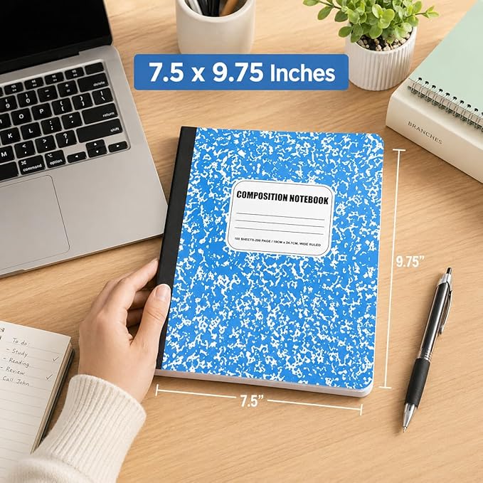 CLEENTABLE Composition Notebook 12 Pack, Wide Ruled Paper, Marble Cover Notebooks for School, 9.75 x 7.5 Inches, 100 Sheets (200 Pages), Sewn Binding Comp Books, Blue