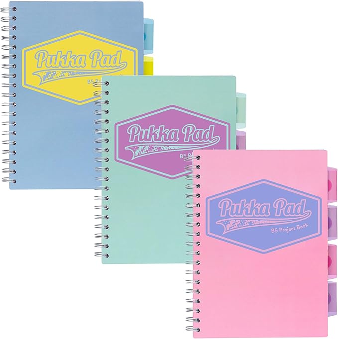 Pukka Pad 5 Subject Spiral Notebook 3-Pack - 200 Pages, 100 Sheets of 80GSM Paper with Repositionable Dividers & Perforated Edges for School & Office Planning & Organization - B5-7 X 10, Pastel