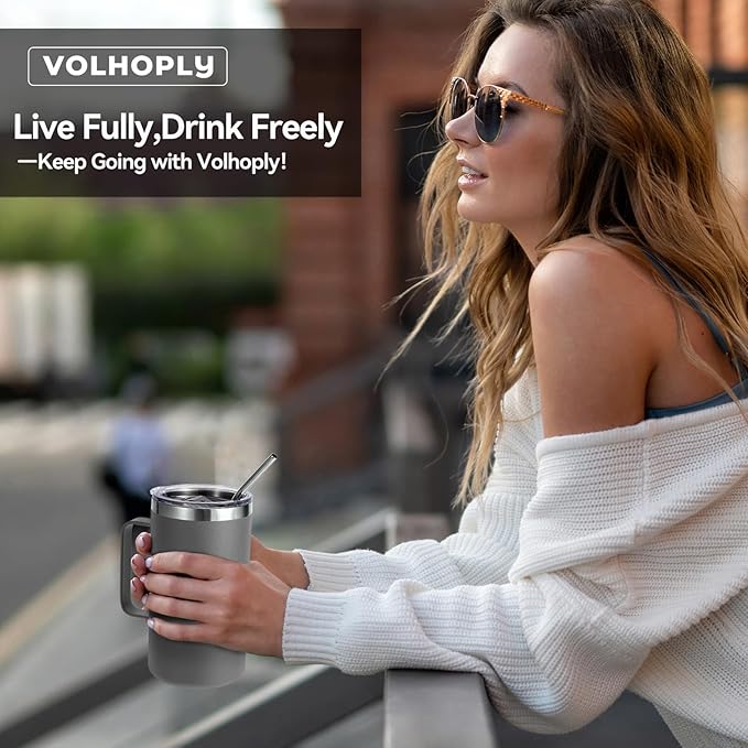 Volhoply 22oz Insulated Stainless Steel Coffee Mug with Leakproof Lid,Double Wall Vacuum Travel Coffee Cup with Handle,Reusable Metal Tumbler,Camping Mugs Keep Hot&Cold(Gray,1)