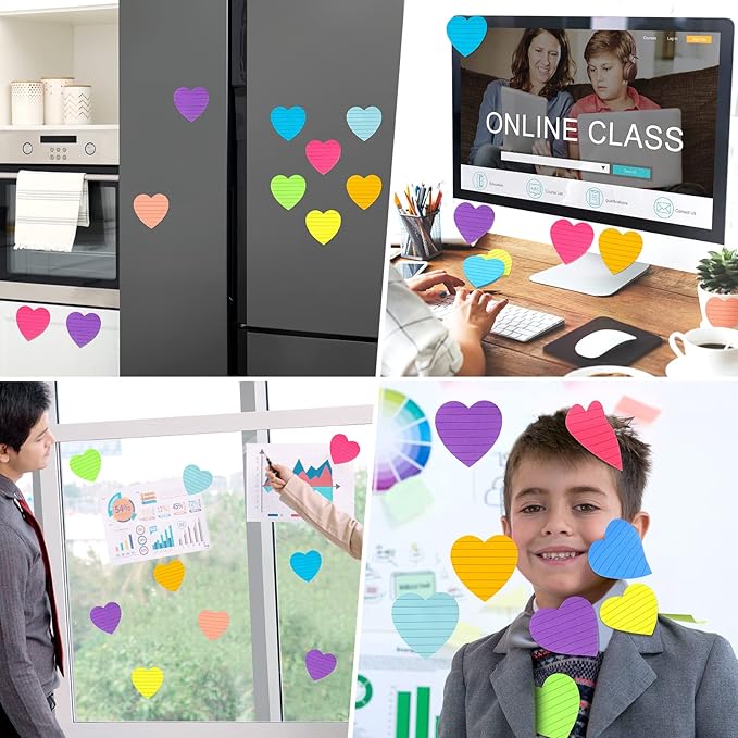 Teling 24 Pack Heart Shape Sticky Notes Heart Lined Sticky Notes Self Adhesive Memo Pads for School Party Exchange Gifts Office Home School 3x3 Inch(Bright Color, Classic)