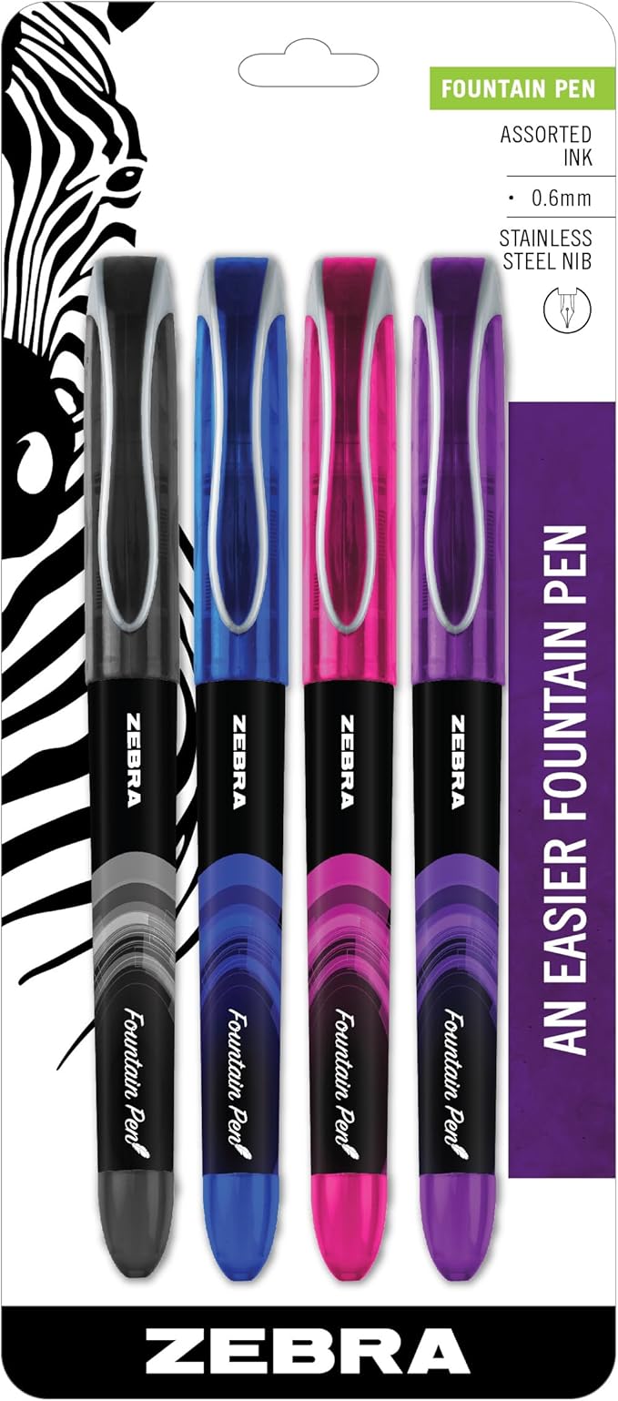 Zebra Pen, Fountain Pen, 0.6mm Fine Point, Stainless Steel Nib, Preloaded Assorted Ink, Smooth Ink Flow, Colorful Barrels, No Cartridge Needed, 4-Pack (48304)