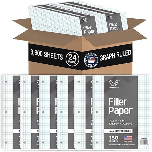 Notebook Paper USA-Made Loose Leaf Paper, 24 Pack 3600 Sheets 8"x10.5" Quad Ruled - 3-Hole Punched Bulk Filler Paper for 3-Ring Binder, 150 Sheets/Pack, Wholesale Available