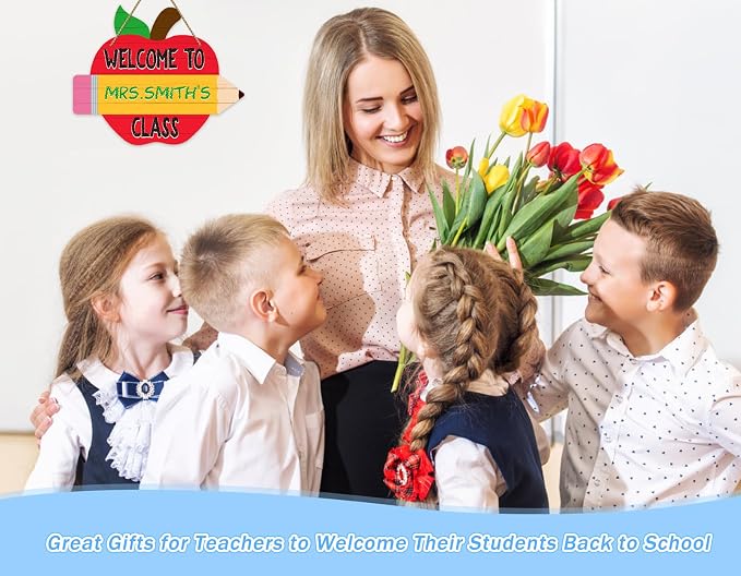 WaaHome Teacher Door Sign for Classroom - 11"x14" Welcome to Our Class Sign Personalized Teacher Name Door Hanger for Classroom Decorations