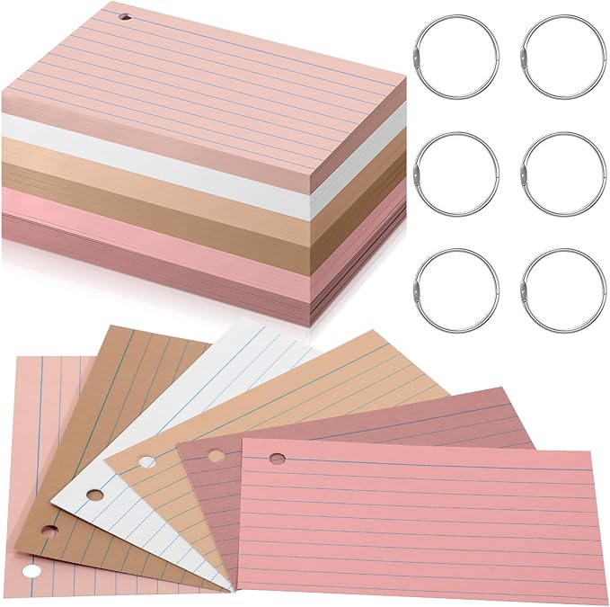 Epakh 300 Pieces Lined Index Cards 180 GSM Thick Flash Cards with Rings Notecards Punched Back to School for Studying Adults Home College Office(3 x 5 Inch,Dark Pink Brown Series)