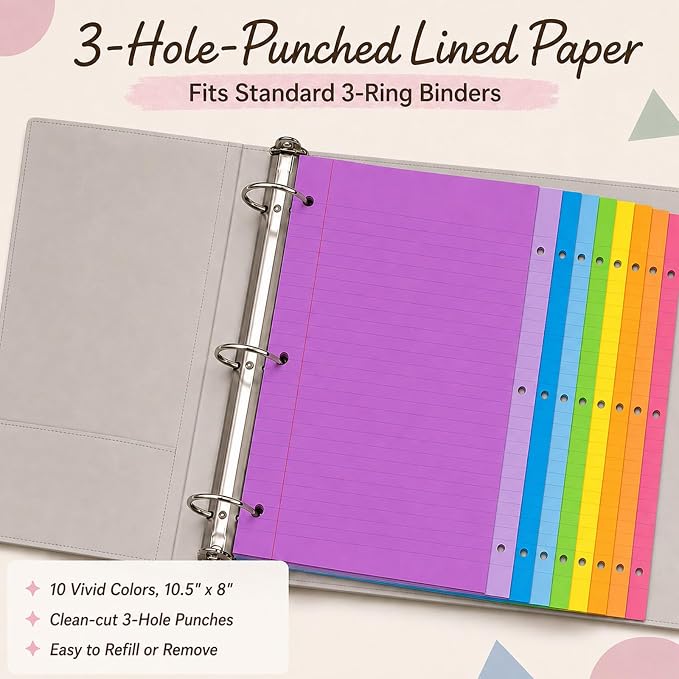 gisgfim 100 Sheets 3 Hole Punched Lined Refill Paper 8 x 10.5 Inch Loose Leaf Paper 3-Ring Binders College Ruled Notebooks Planner Inserts Thicken for Writing School Office Home Supplies(Colorful)