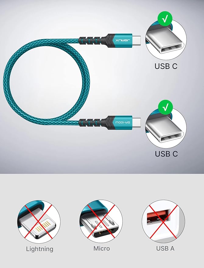 JSAUX 3-Pack USB C to USB C Cable 100W [10ft/6.6ft/3.3ft] Compatible with iPhone 17 Air 16 15 Pro Max Samsung Galaxy S25 S24 CarPlay iPad Pro, Type C to C Charger Cable Fast Charging - Green
