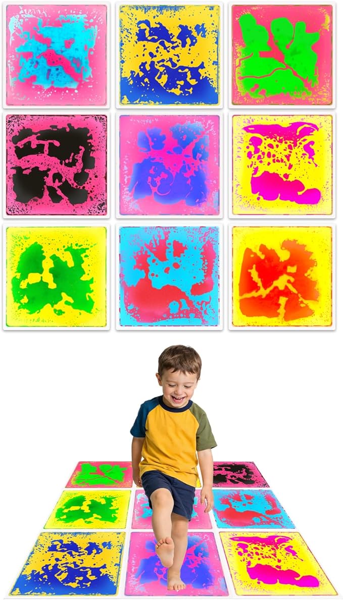 Liquid Sensory Floor Tiles for Kids: 12x12 Inch Active Play Mats for Kids Non-Toxic Leakproof - Non-Slip 9 Color-Changing Pads Stress Relief & Motor Skills Toys