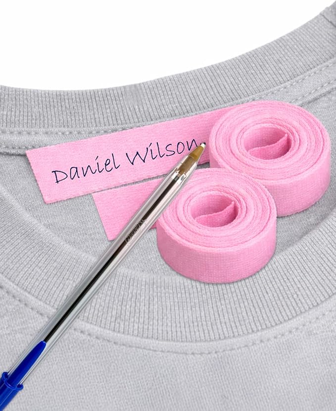 2 Rolls of Pink Fabric Label Tape 3m x 1cm. Heat Transfer, Writable. Includes Pen. Durable & Washable for Kids’ Clothes, School & Nursery