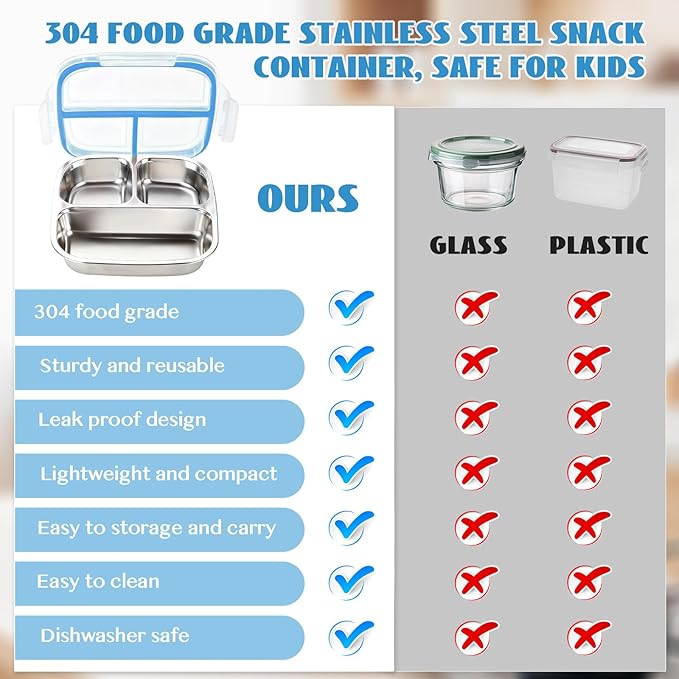 2 Pack Snack Containers for Kids, 3 Compartments Reusable on the go Bento Box with Lids, Stainless Steel Toddler Lunch Box Pre Meal Storage for Daycare School Outdoor Camping - Blue Orange