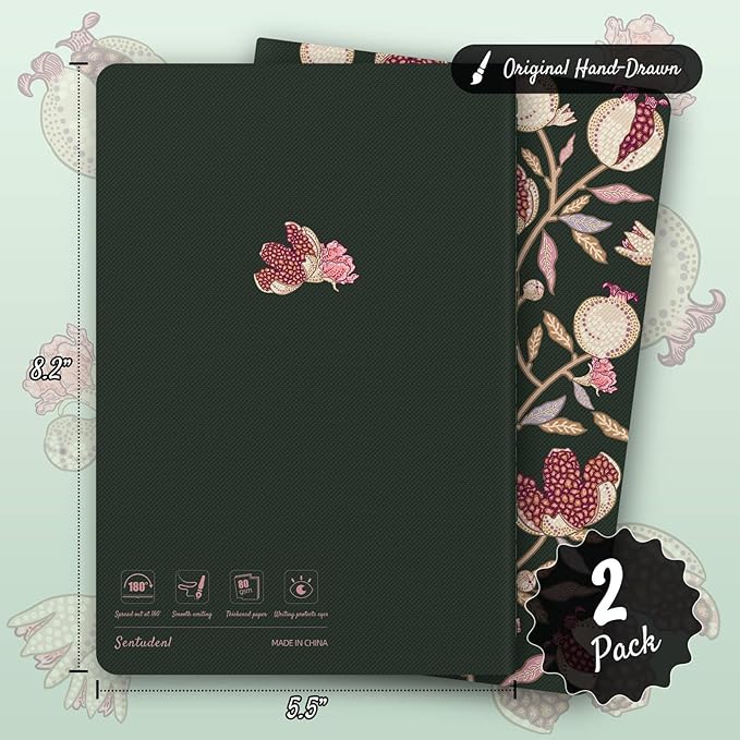 Stitched Composition Notebooks 2-Pack with Unique Art Designed Cover, A5 Lined Diary (8.2"L*5.5"W), Lay Flat Design, Thicked Paper Writes Smoothly for School and Office (Pomegranate)