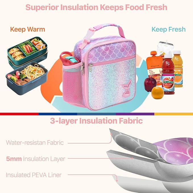 Bagseri Kids Lunch Box for Girls - Insulated Toddler Lunch Bag Fits Bento Box, Reusable Daycare Cooler Tote with Clip Handle, Water-Resistant Lining, Glitter Pink Mermaid