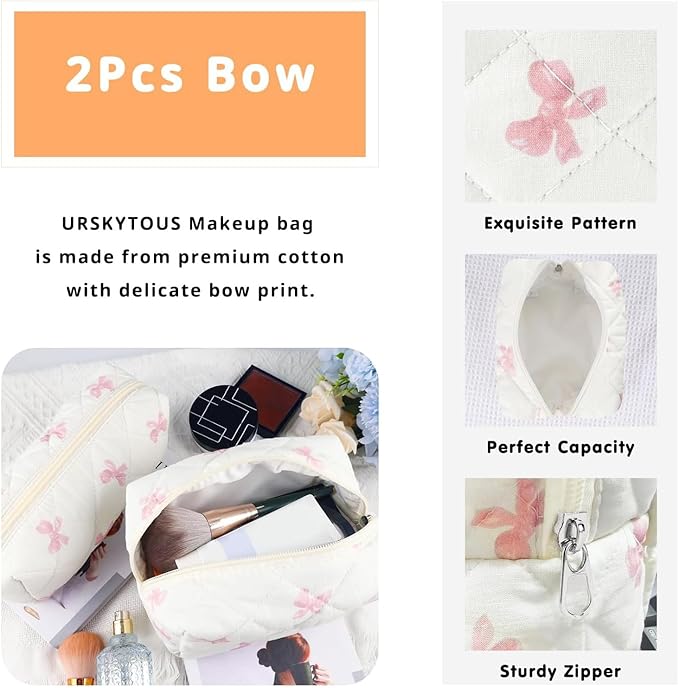 URSKYTOUS 2Pcs Cotton Quilted Makeup Bag for Women Small Coquette Cosmetic Bags Cute Zipper Pink Bow Makeup Pouch Aesthetic Portable Pencil Case Travel Toiletry Bag Trendy Cloth Skincare Bags