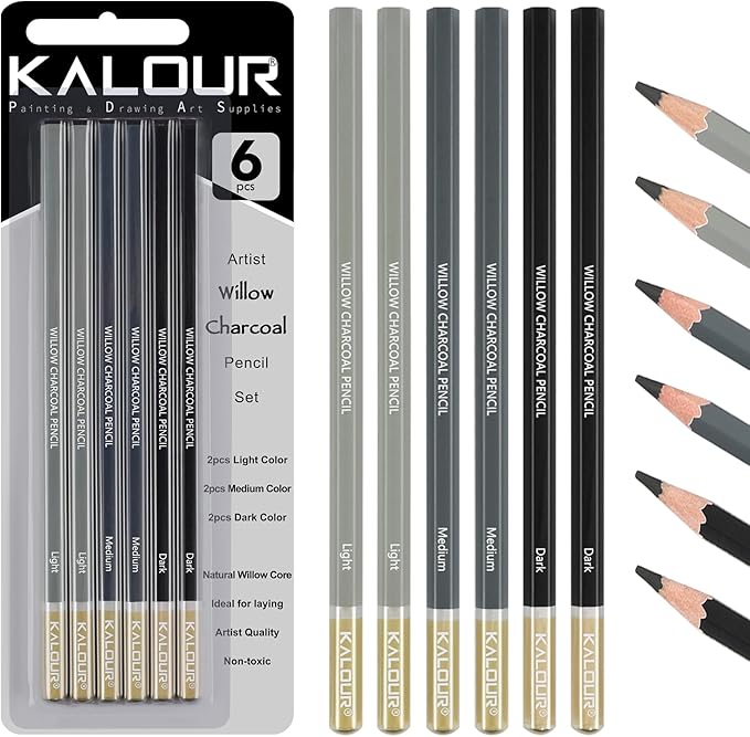 KALOUR PDAS Professional Willow Charcoal Pencil Set - 6 Premium Pencils (Light to Dark Shades) for Drawing, Sketching & Shading, Artist-Grade Tools for Beginners & Professionals