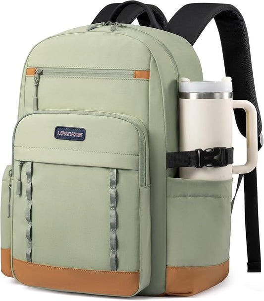 LOVEVOOK Laptop Backpack for Women with Large Cup Holder,17 Inch DIY Design Travel Work Backpack Computer Laptop Bag,Nurse Teacher College Backpack Purse,Gifts for Women Men,Brown-Black-Bean green