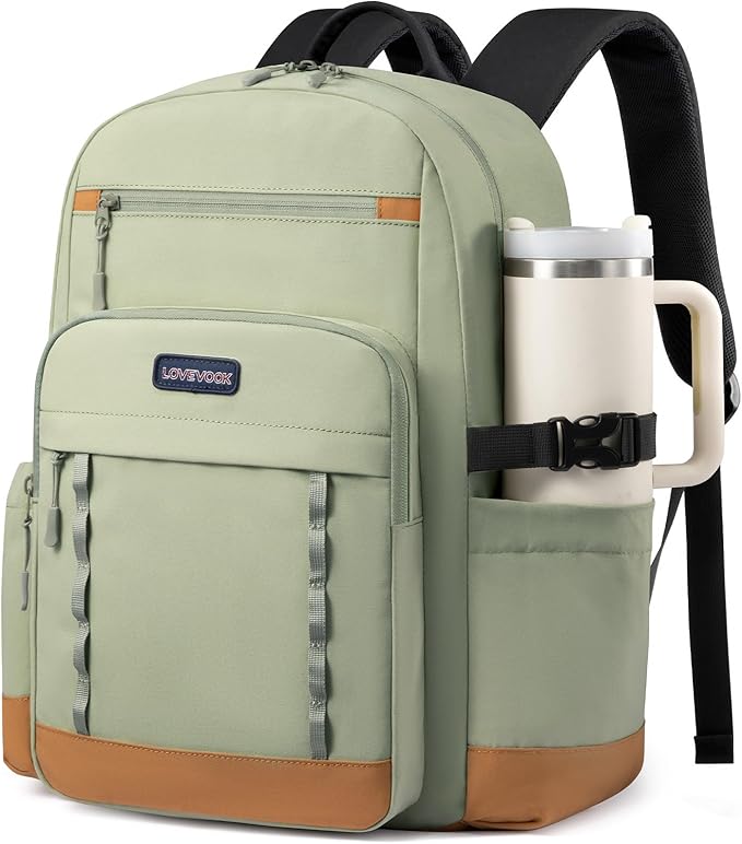 LOVEVOOK Laptop Backpack for Women with Large Cup Holder,15.6 Inch DIY Design Travel Work Backpack Computer Laptop Bag,Nurse Teacher College Backpack Purse,Gifts for Women Men,Brown-Black-Bean green
