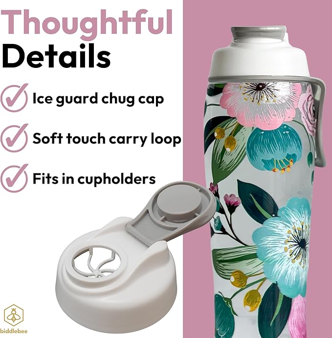 50 Strong Reusable Water Bottle with Time Markers – 30 oz BPA-Free Leakproof Bottle with Chug Cap & Easy-Carry Handle – Made in USA (Pretty Flowers)