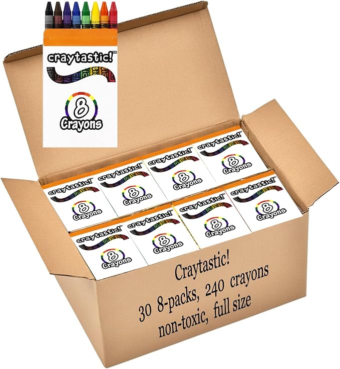 Craytastic! Bulk Crayons, 30 Individual Boxes of 8 colors/count Class Pack - Full Size, Premium (Red, Yellow, Green, Blue, Purple, Brown, Black) Safety Tested Comliant With ASTM D-4236