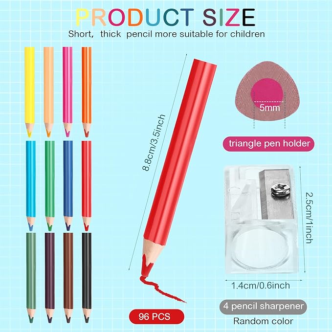 Spakon 96 Pcs Colored Pencil Bulk 12 Colors 3.5 Inch Jumbo Triangle Short Fat Pencil with Sharpener for Student Toddler Preschooler Beginner Classroom Supplies