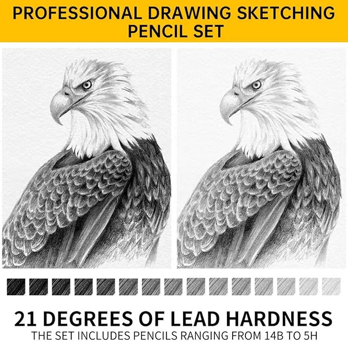 Drawing Sketching Pencil Set 21 Pack Art Pencil Kit with Graphite Pencils (14B-5H), Charcoal Pencil, Ideal for Shading, Blending, Drawing Set for Beginners & Pro Artists