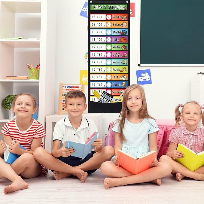Daily Schedule Pocket Chart Kit,40 Bright Attractive Double-Sided Reusable Erasable Cards,1 Title Card,13+1 Scheduling Pocket Chart with 2 Hangers for Classroom Office Home Preschool Learning (Black)