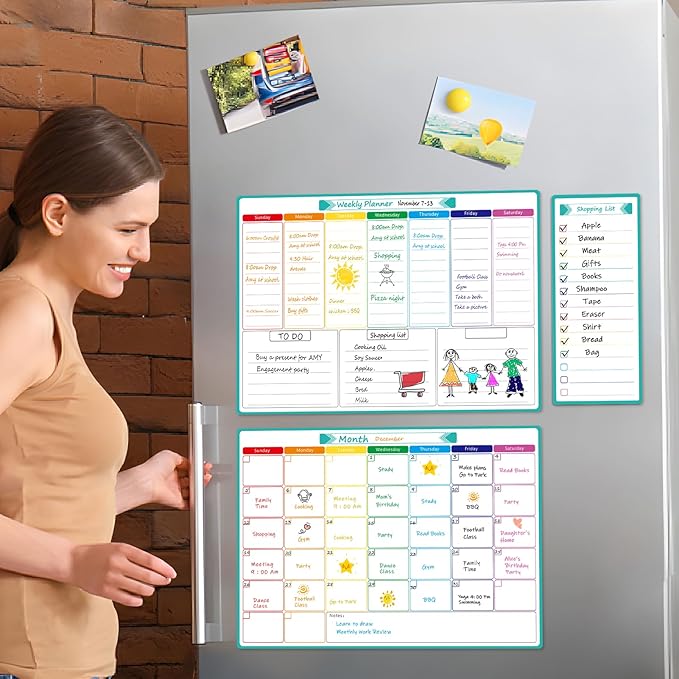 MaxGear Magnetic Fridge Calendar Whiteboard, 16"x12" Monthly and Weekly Dry Erase Board for Refrigerator, Smooth Writing and Effortless Cleaning Planner Board with 7 Markers,1 Eraser,1 Shopping List