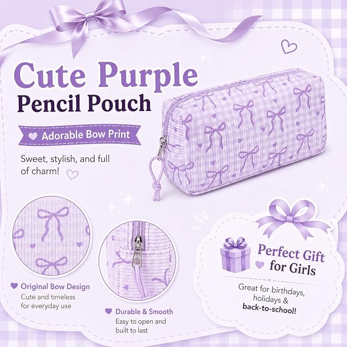 LEDAOU Cute Pencil Case for Kids Girls Boys Pencil Pouch kawaii Pen Pencil Box Bag Holder for School Students (Corduroy -Bow Purple)