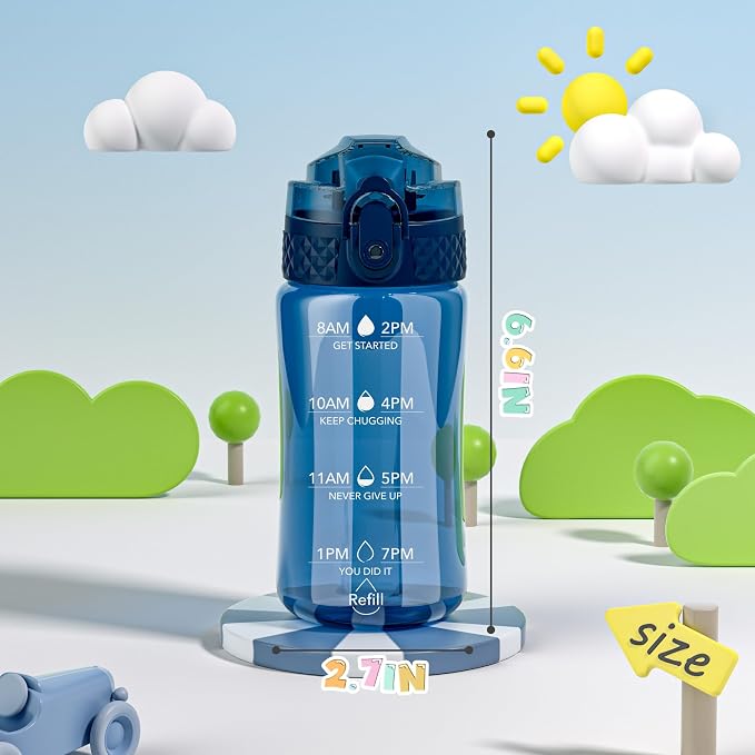 OLDLEY 12oz Kids Water Bottle, Tritan BPA-Free, Leakproof Flip Straw Lid, Motivational Time Marker, Carry Strap, Reusable Clear Water Bottle for Boys & Girls,Slate Blue