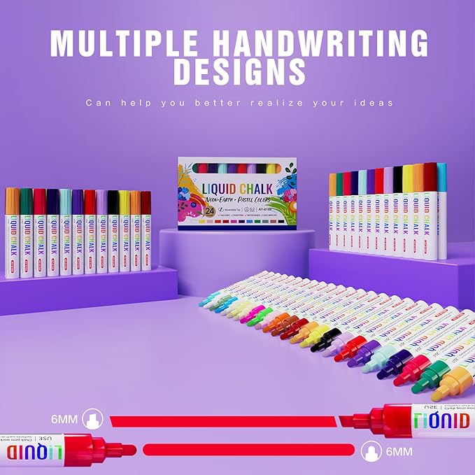 24 Colors Liquid Chalk Markers Dry&Wet Erase for Blackboard, Whiteboard, Chalkboard, Calendar, Chalk Marker with 6mm Reversible Tip for Car, Window, Glass, Auto, Paint and Drawing Washable Chalk Pens