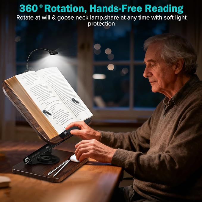 Book Stand with Light & Storage, Book Holders for Reading Hands Free, Wooden Cookbook Stand with Adjustable Height & 360 °Angle for Recipe,Magazine,Laptop,Tablet, Bible